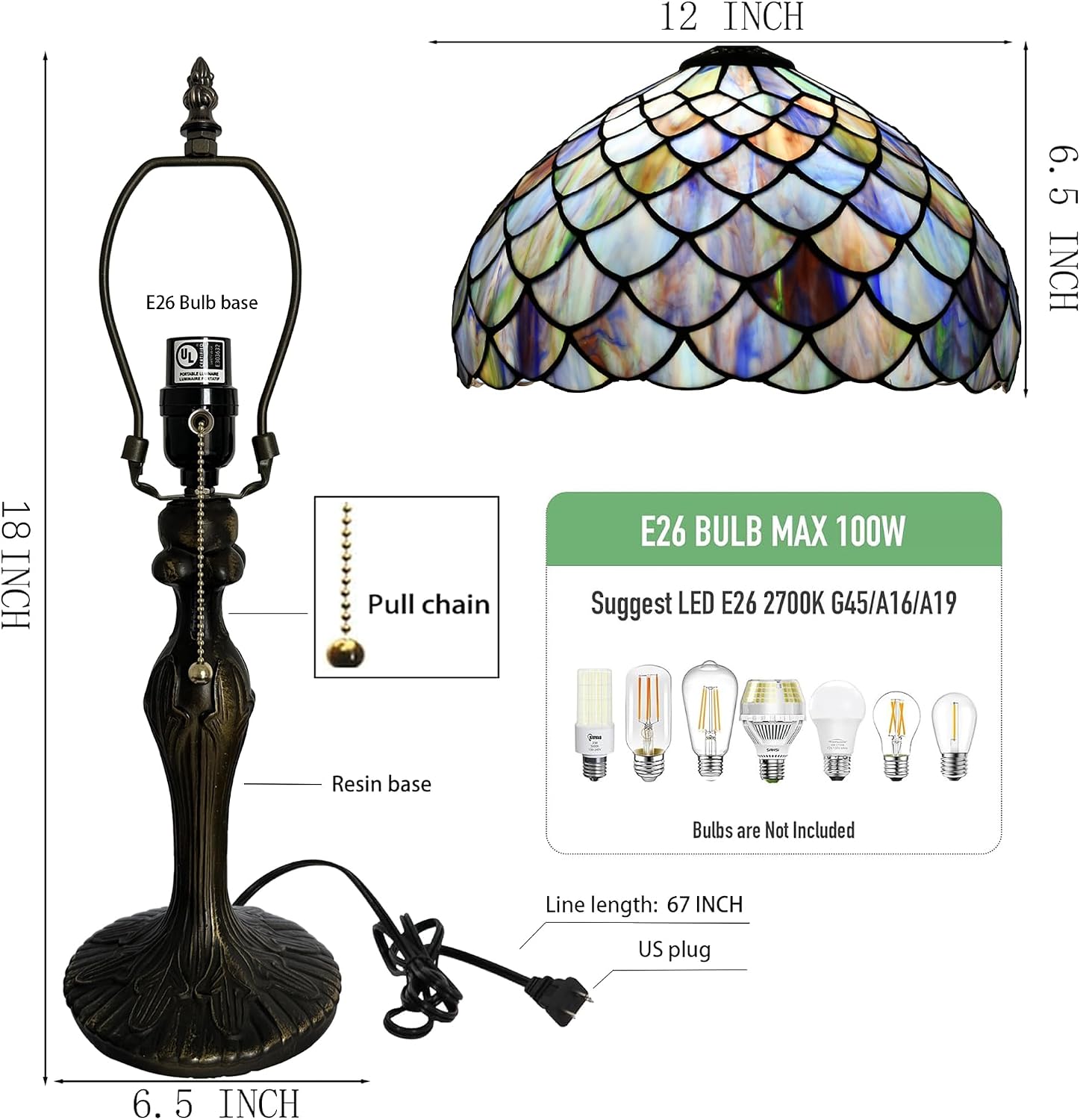 Tiffany Lamp Stained Glass Table Lamp 12' x 19' Blue Fish Scales Style Decorative Lamp Bedside Reading Lamp for Desk Living Room Bedroom Office Study Light Home Decor Gift