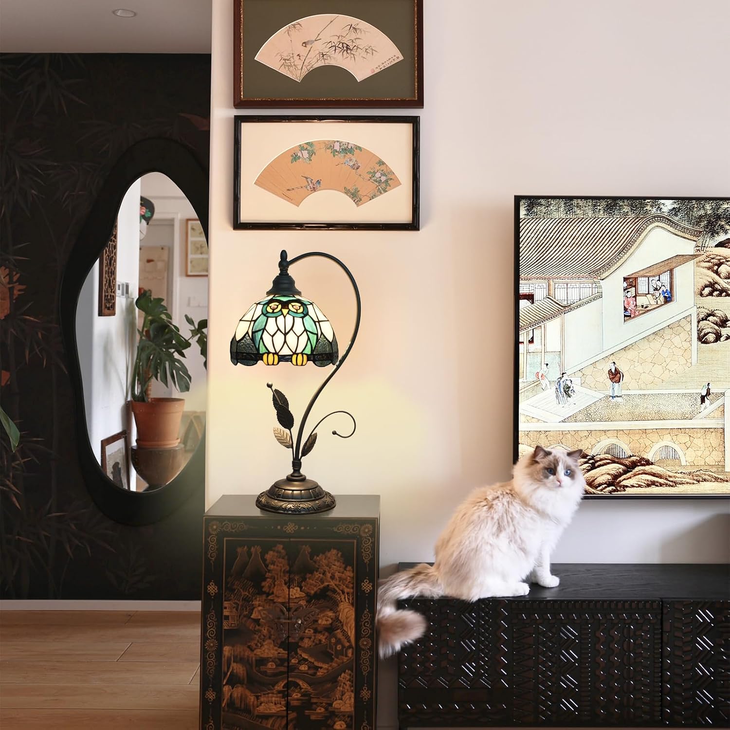 Tiffany Table Lamp Owl Stained Glass Bedside Lamp Tiffany Style S Metal Leaves Desk Light for Home Living Room Office Dormitory Bar Family Friends Gift