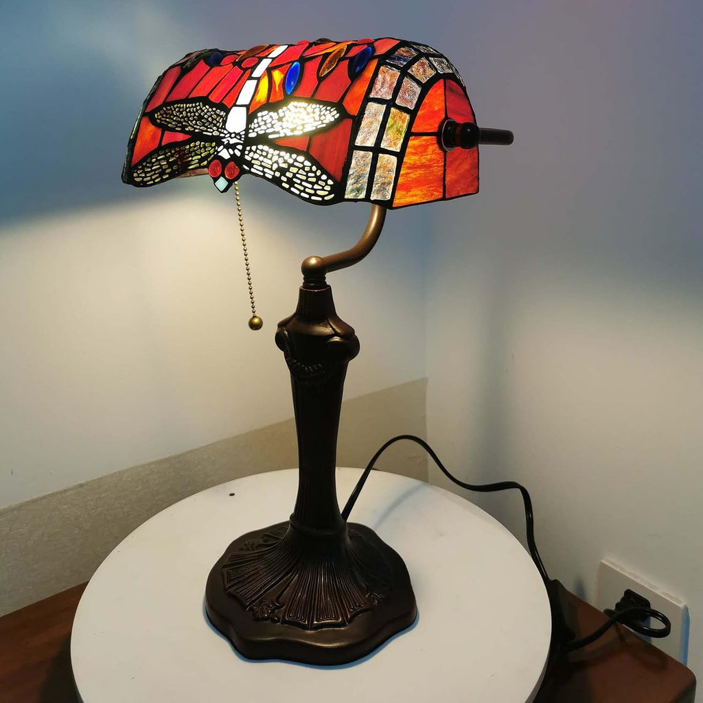 Bieye L10057 Dragonfly Tiffany Style Stained Glass Bankers Desk Lamp Table Lamp for Reading Working Home Decoration, 10' W x 16' H (Red)
