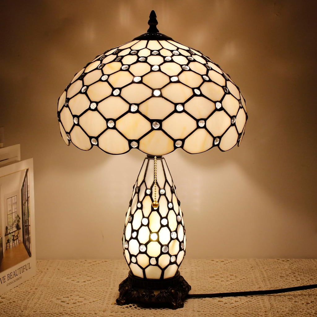 Tiffany Lamp Stained Glass Table Lamp 12X19 Inches Mother Daughter Vase Desk Accent Night Light for Bedroom Bedside Reading Home Antique Style (White Yellow)