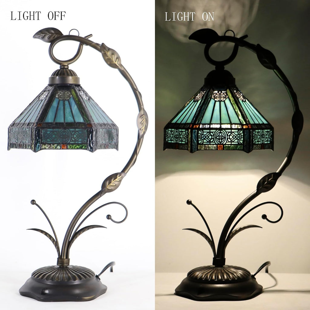 Tiffany lamp Stained Glass Table Lamp, Mission Style Desk Reading Light with Metal Leaf Base, 8X10X19 Inches (Mission Style)