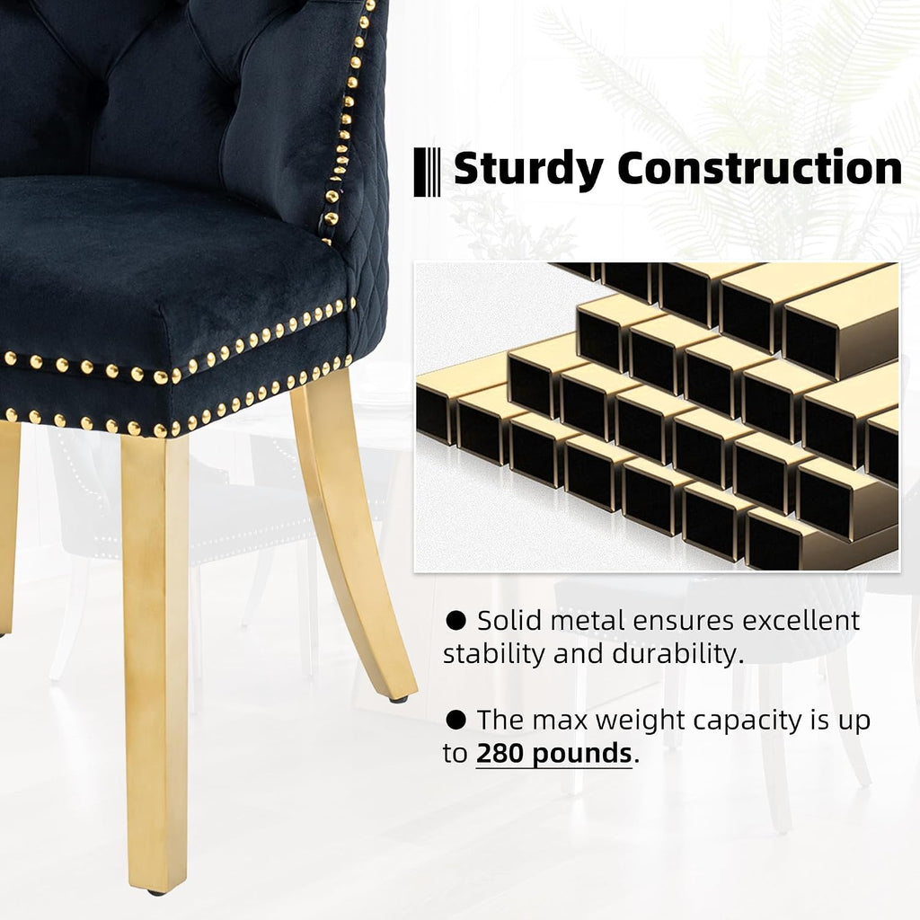 Velvet Dining Chairs Set of 2, Upholstered Dining Room Chairs, Mid-Century Modern Chairs with Diamond Lattice Tufted Back, Lion Pull Ring Rivet Trim, Golden Metal Legs for Kitchen, Black