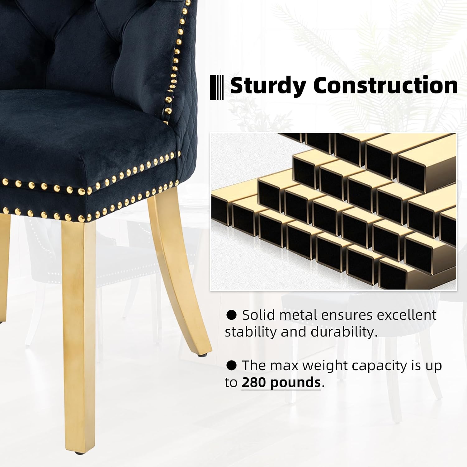 Velvet Dining Chairs Set of 2, Upholstered Dining Room Chairs, Mid-Century Modern Chairs with Diamond Lattice Tufted Back, Lion Pull Ring Rivet Trim, Golden Metal Legs for Kitchen, Black
