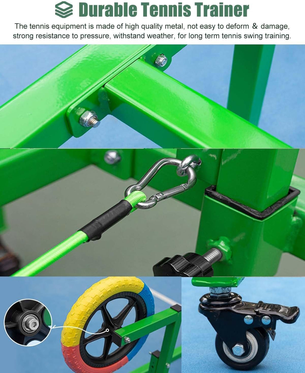 Heavy Duty Tennis Topspin Trainer for Kids, Beginner Tennis Trainer with 4 Wheels, Adjustable Height Training Equipment