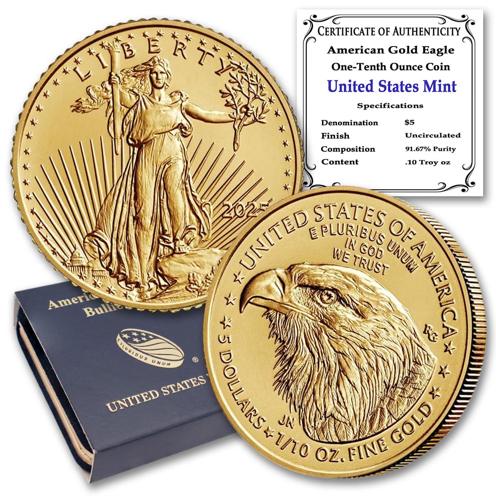 2025 ‎- 1/10 oz American Gold Eagle Coin Brilliant Uncirculated with Original United States Mint Box and a Certificate of Authenticity $5 Seller BU