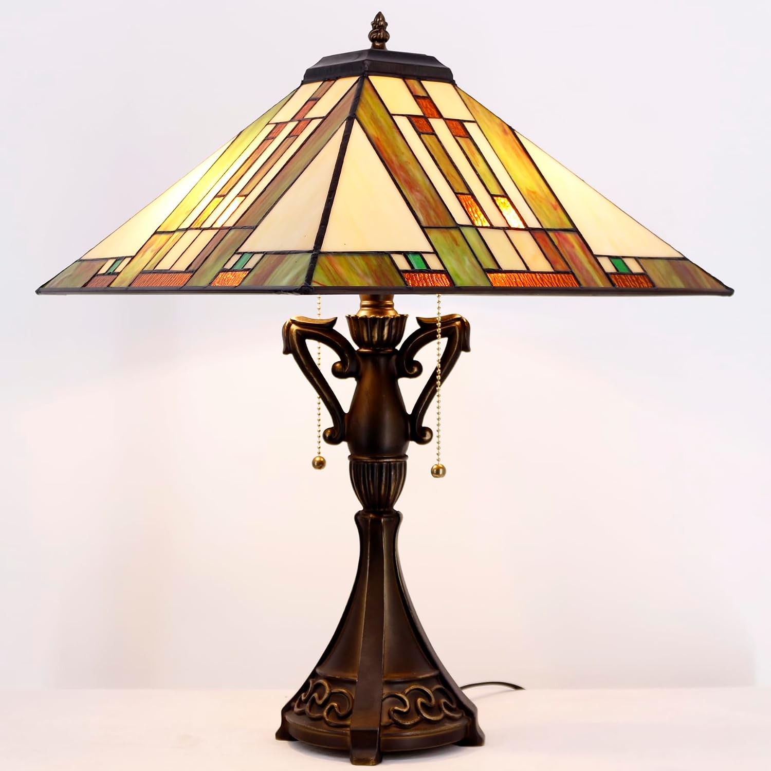 Tiffany Table Lamp Stained Glass Blue White Brown Square Mission Style Desk Reading Light 16X16X24 Inch for Bedroom Living Room Home Office