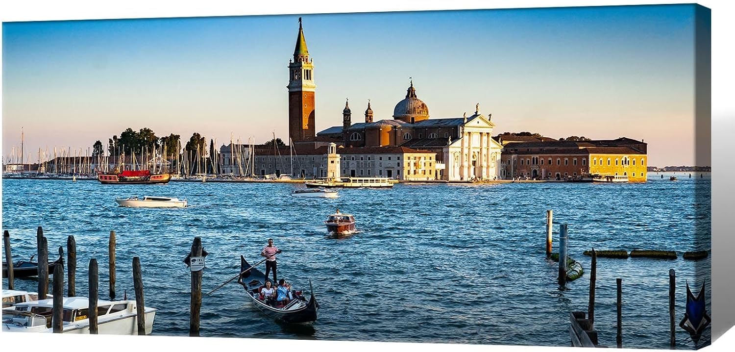 Large Venice Gondola Lagoon Sunset Landscape Wall Art Italian San Giorgio Maggiore Cityscape Canvas Prints Posters European Romantic Travel Relaxing Home Decor Artwork for Bedroom 20x40inch Framed