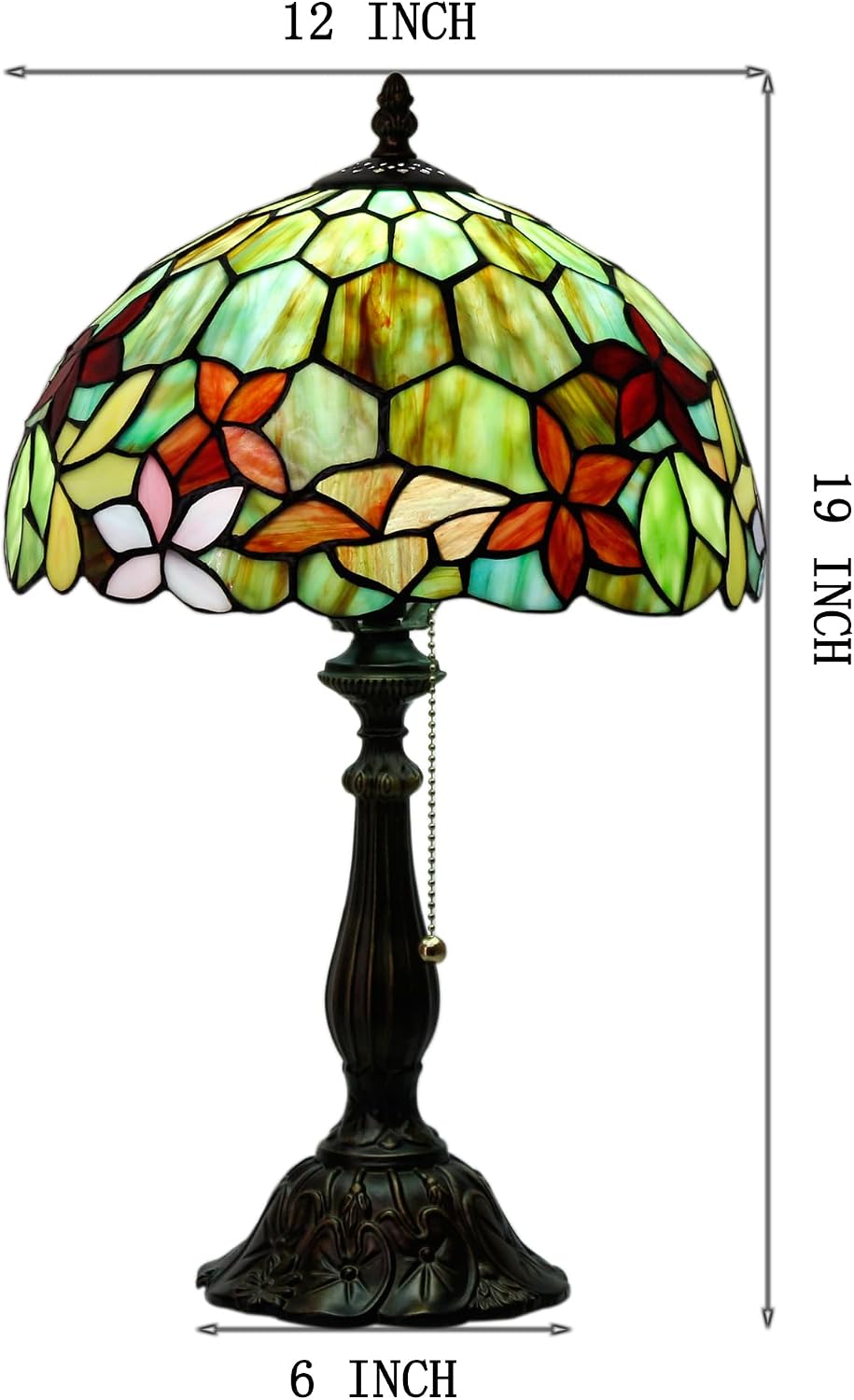 Tiffany Table Lamp Stained Glass Lamp 12X12X19 Inch Antique Reading Light (Red Green Flowers)
