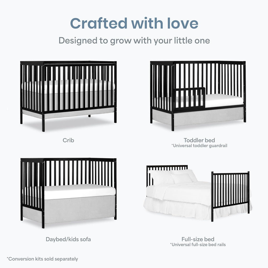 Dream On Me Synergy 5-in-1 Convertible Full-Size Baby Crib with Toddler, Day & Full Bed Conversion in Black, GreenGuard Gold & BSA, 3 Mattress Heights, Sustainable Pinewood