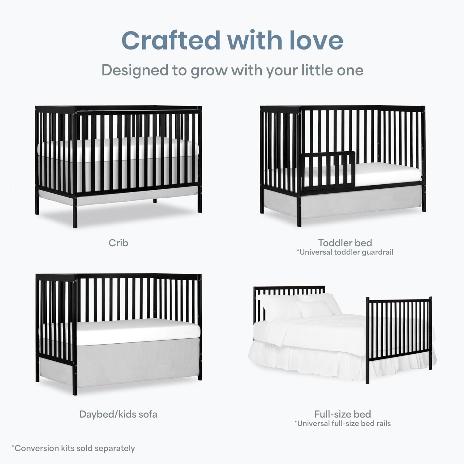 Dream On Me Synergy 5-in-1 Convertible Full-Size Baby Crib with Toddler, Day & Full Bed Conversion in Black, GreenGuard Gold & BSA, 3 Mattress Heights, Sustainable Pinewood