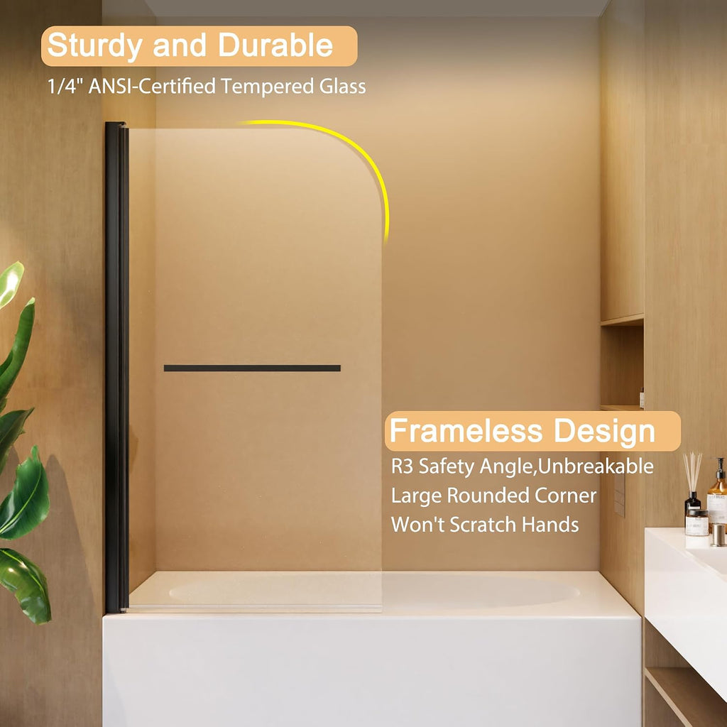 31 * 55 Inch Frameless Shower Door for Bathtub，180 Degree Hinged Pivot, Chrome Finish Bathroom Door，with 1/4' (6mm) SGCC Tempered Glass, Handle and Seal Strip for Waterproof (Black