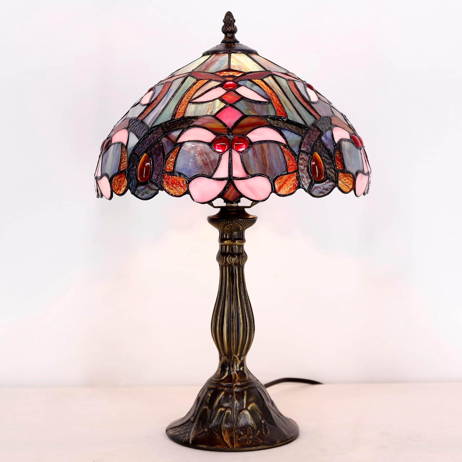 WERFACTORY Tiffany Lamp Blue Pink Stained Glass Table Lamp Reading Light 12X12X18 Inches Decor Bedroom Living Room Home Office S830B Series