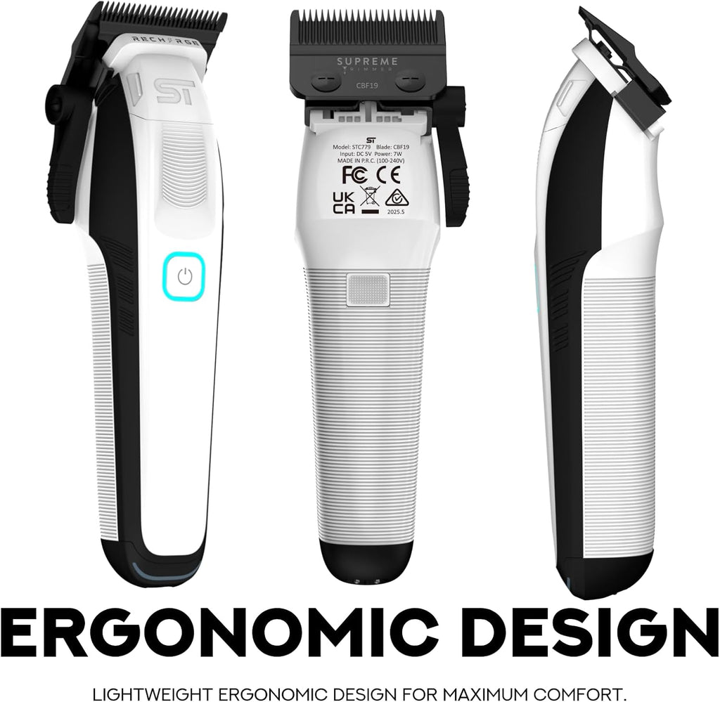 Supreme Trimmer Recharge Clipper - Professional Hair Clipper with 2 Removable Batteries, Brushless Motor, Smart Charge Stand, USB-C Charge & DLC Blades Barbers | STC779