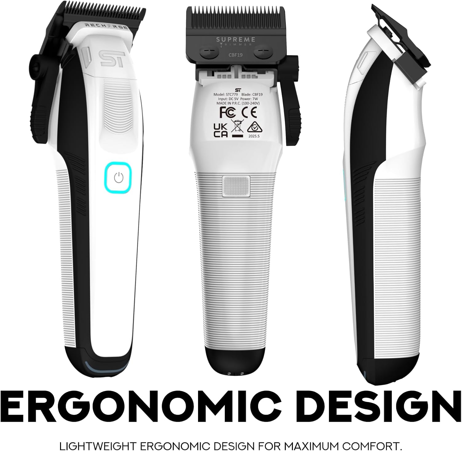 Supreme Trimmer Recharge Clipper - Professional Hair Clipper with 2 Removable Batteries, Brushless Motor, Smart Charge Stand, USB-C Charge & DLC Blades Barbers | STC779
