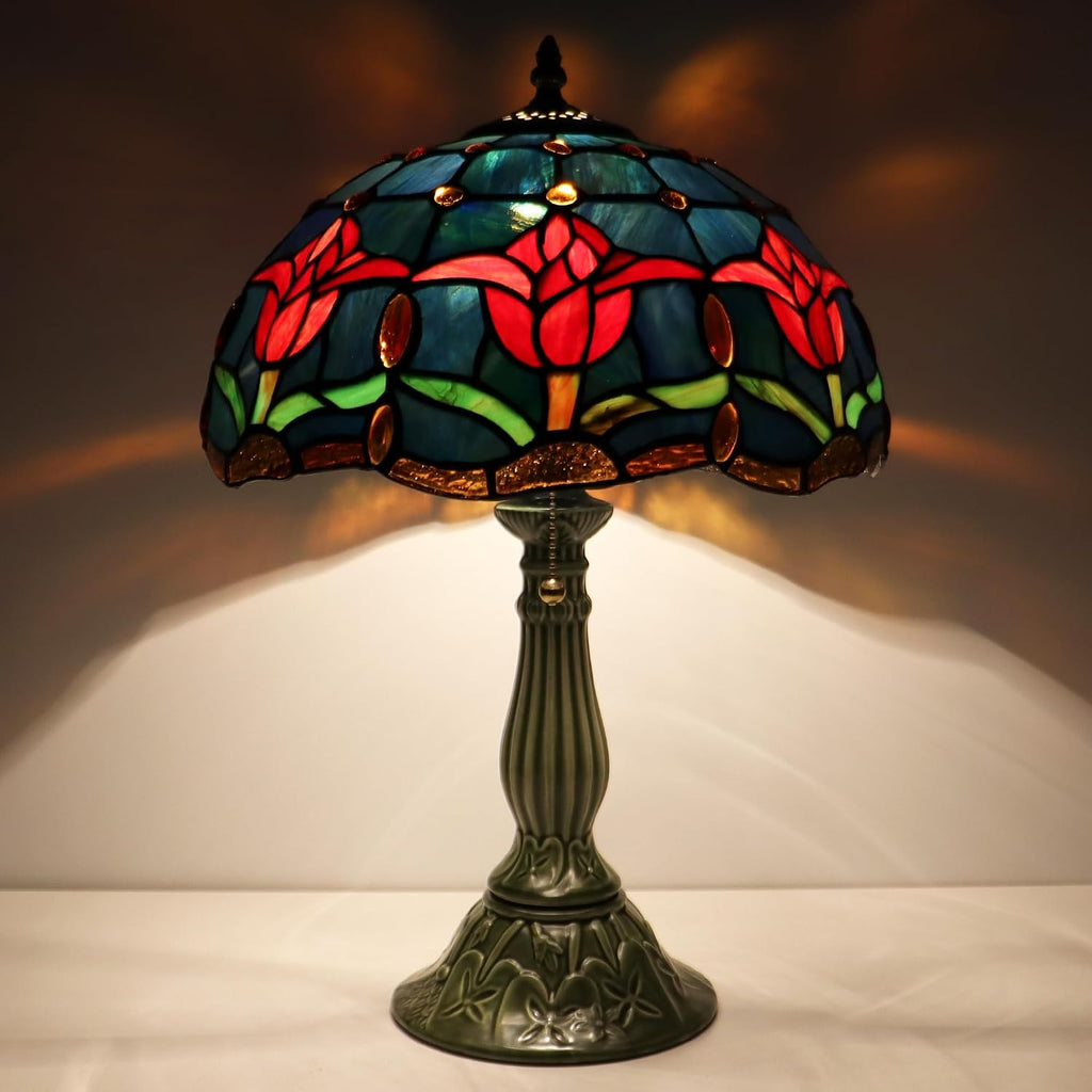 Tiffany Lamp Stained Glass Table Lamps Red Blue Tulips Style Desk Lamp 12X12X18.5 Inch Bronze Ceramic Base Reading Light Suitable for Bedside Bedroom Living Room Dining Room Office
