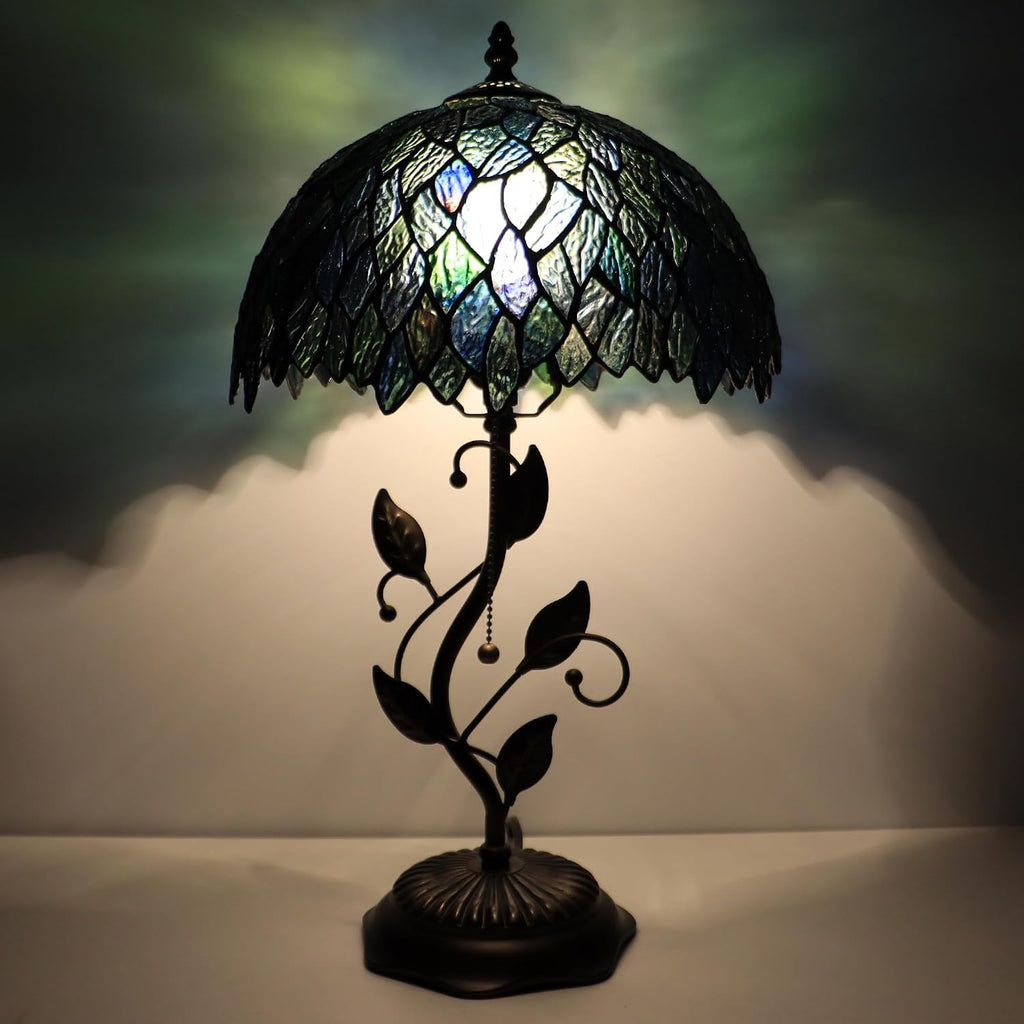Tiffany Lamp Multicolor Leafage Style Stained Glass Table Lamp Desk Bedside Reading Light 12X12X19 Inches with Metal Leaf Base