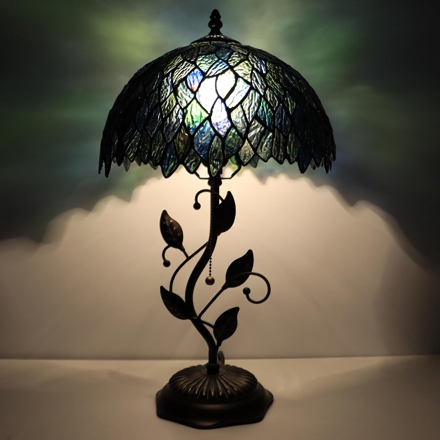 Tiffany Lamp Multicolor Leafage Style Stained Glass Table Lamp Desk Bedside Reading Light 12X12X19 Inches with Metal Leaf Base