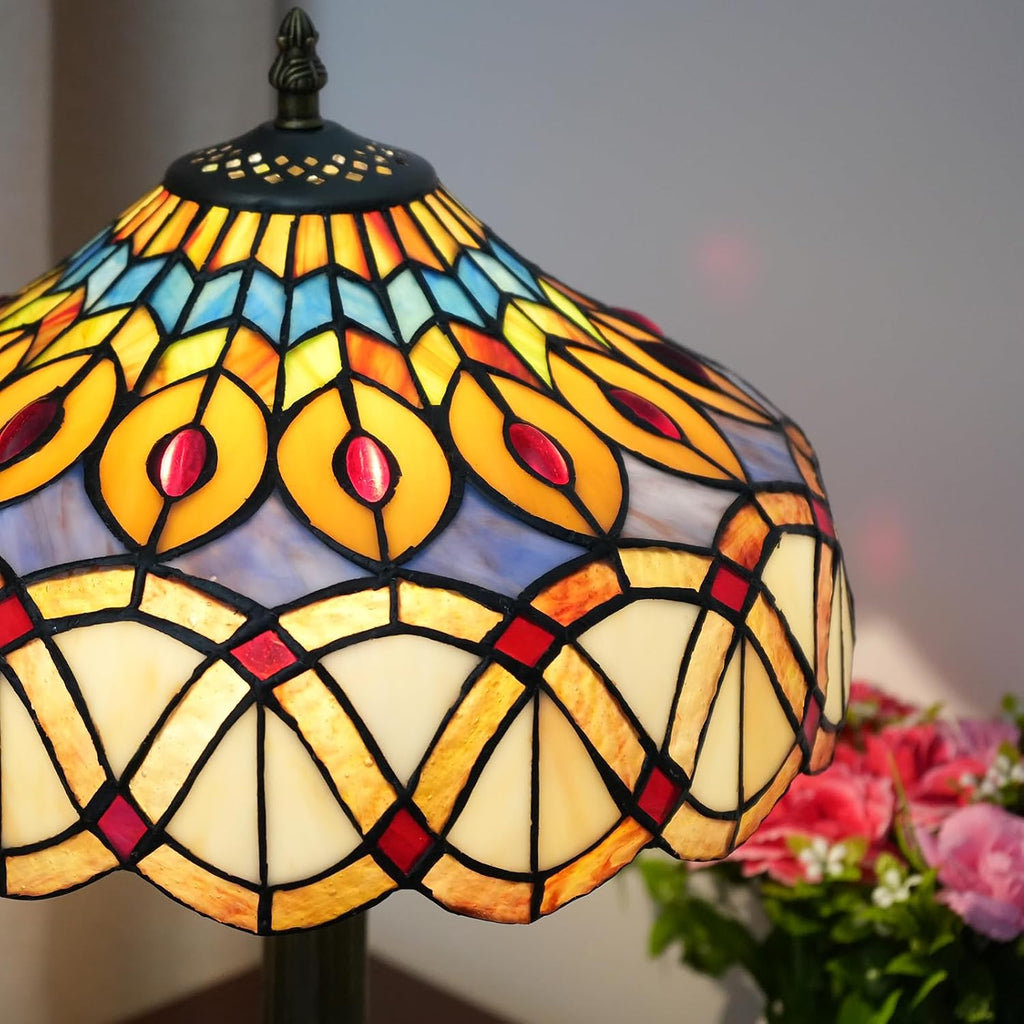 Yellow Peacock Tail Tiffany Table Lamp 12 inch Stained Glass Desk Lamp Vintage Reading Light for Living Room Bedroom Wedding Room Home Office Antique Decorative Light