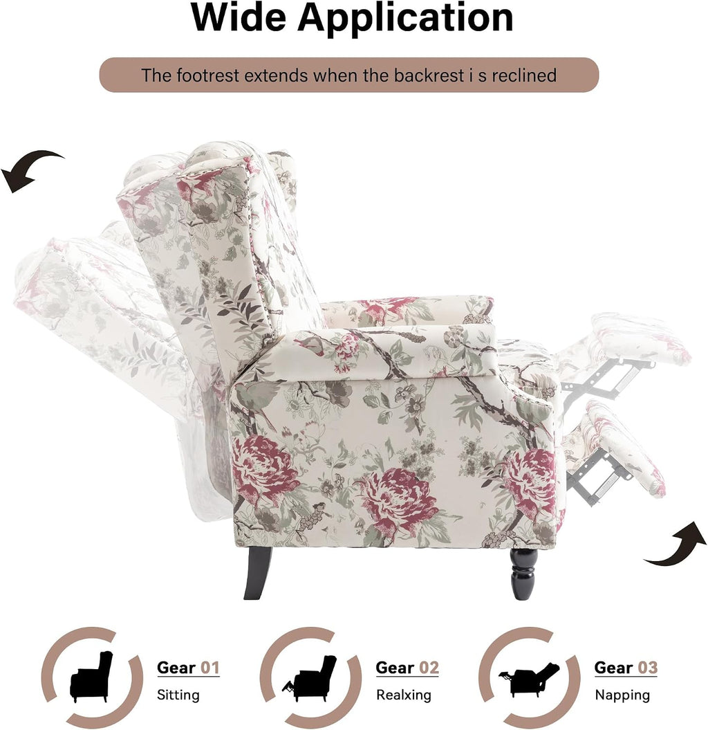 Pushback Recliner Chair, Floral Fabric Wingback Recliner Chair, Upholstered Rivet Trim Armchair Push Back Recliner Accent Chair for Living Room Small Spaces, Plants Floral