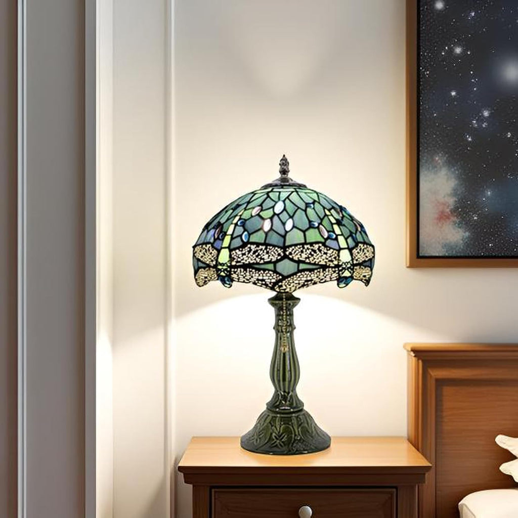 Tiffany Lamp Stained Glass Table Lamps Sea Blue Dragonfly Style Desk Lamp 12X12X18.5 Inch Bronze Ceramic Base Reading Light Suitable for Bedside Bedroom Living Room Dining Room Office