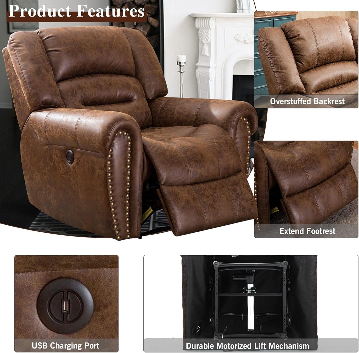 Distinctive Brass Rivets Design Electric Recliner Chair Breathable Bonded Leather Classic Single Sofa Chairs for Home Theater Living Room Bedroom