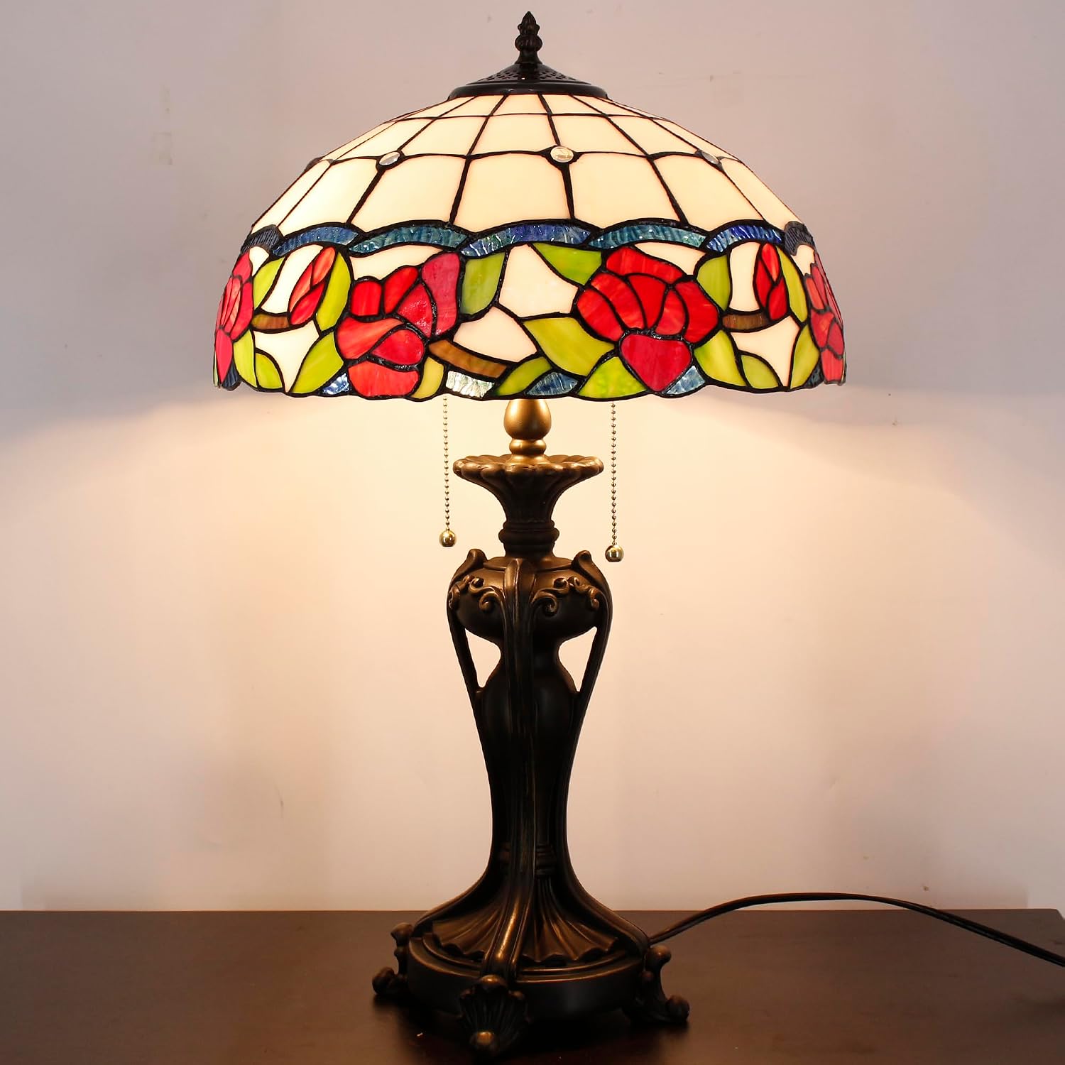 Tiffany Lamp(2 Lights) Stained Glass Table Lamp Bedside Desk Reading Light 16X16X24 Inch Decor Bedroom Living Room Home Office (Red Rose)