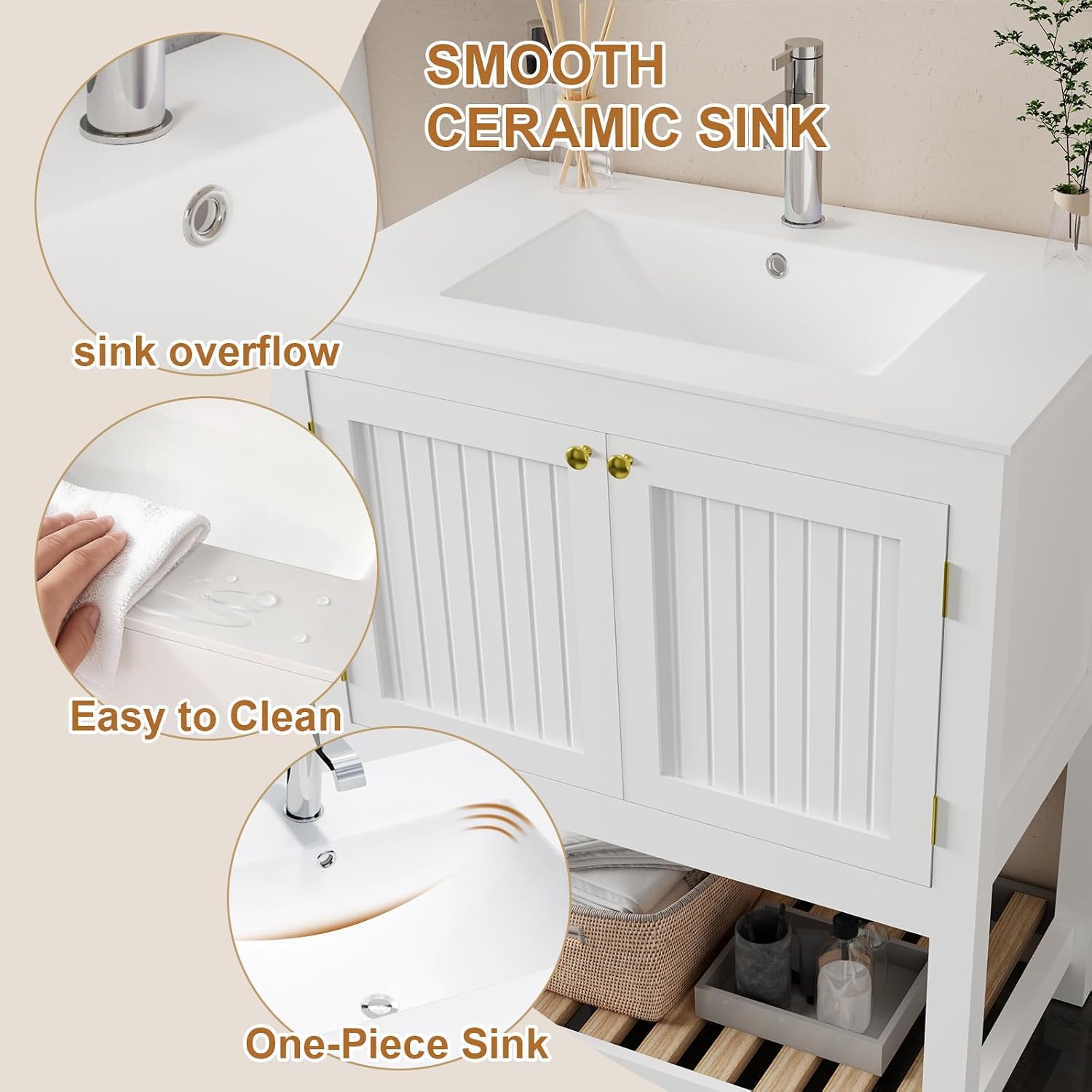 30 Inch Bathroom Vanity with Sink, Modern Bathroom Sink Cabinet with Open Shelf, Ceramic Basin, Freestanding Bathroom Vanities, White