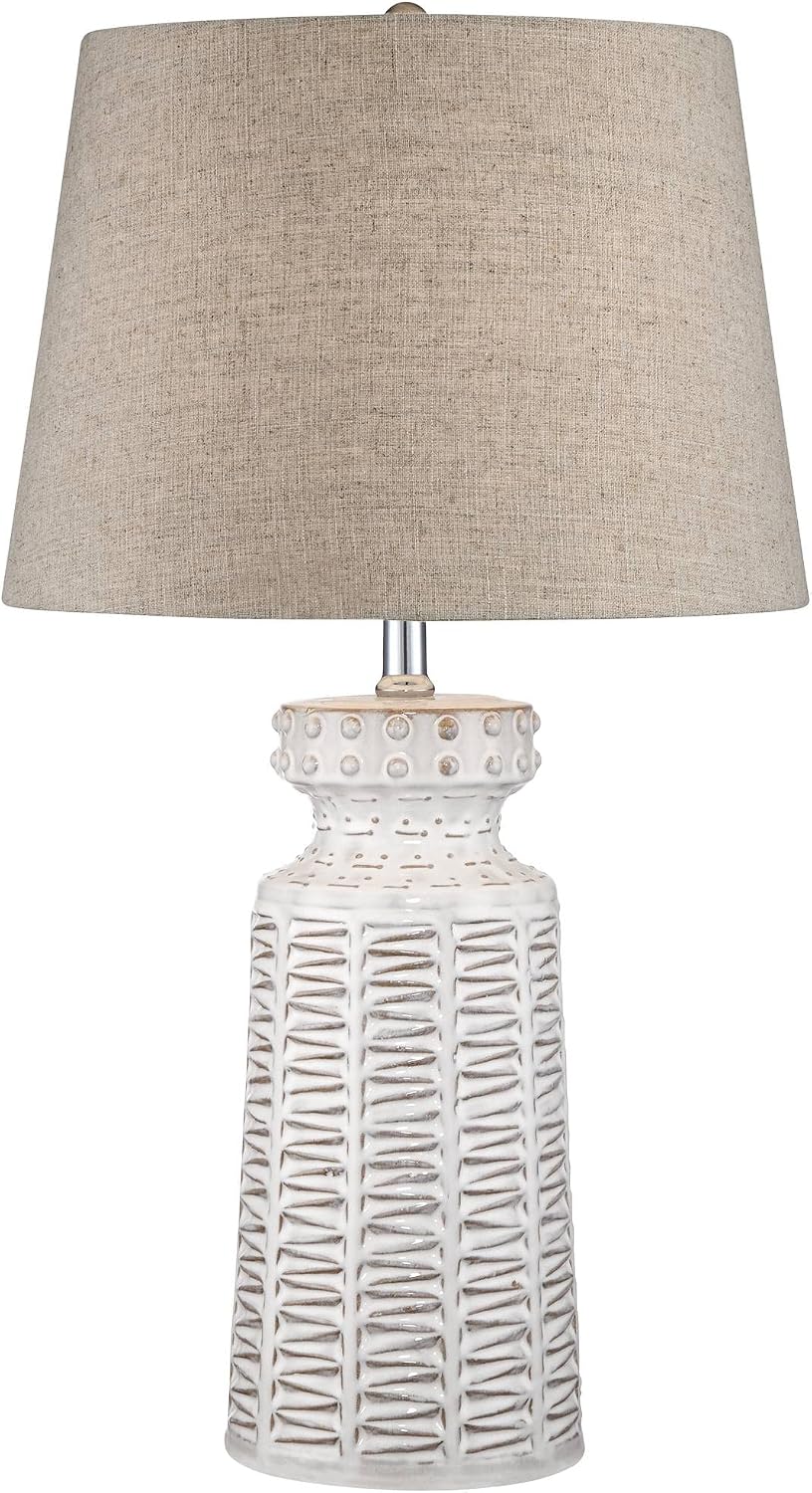 360 Lighting Helene Country Cottage Table Lamp with Dimmer and USB Charging Port 26' High Cream White Ceramic Tan Linen Tapered Drum Shade for Living Room Bedroom House Bedside (Color May Vary)