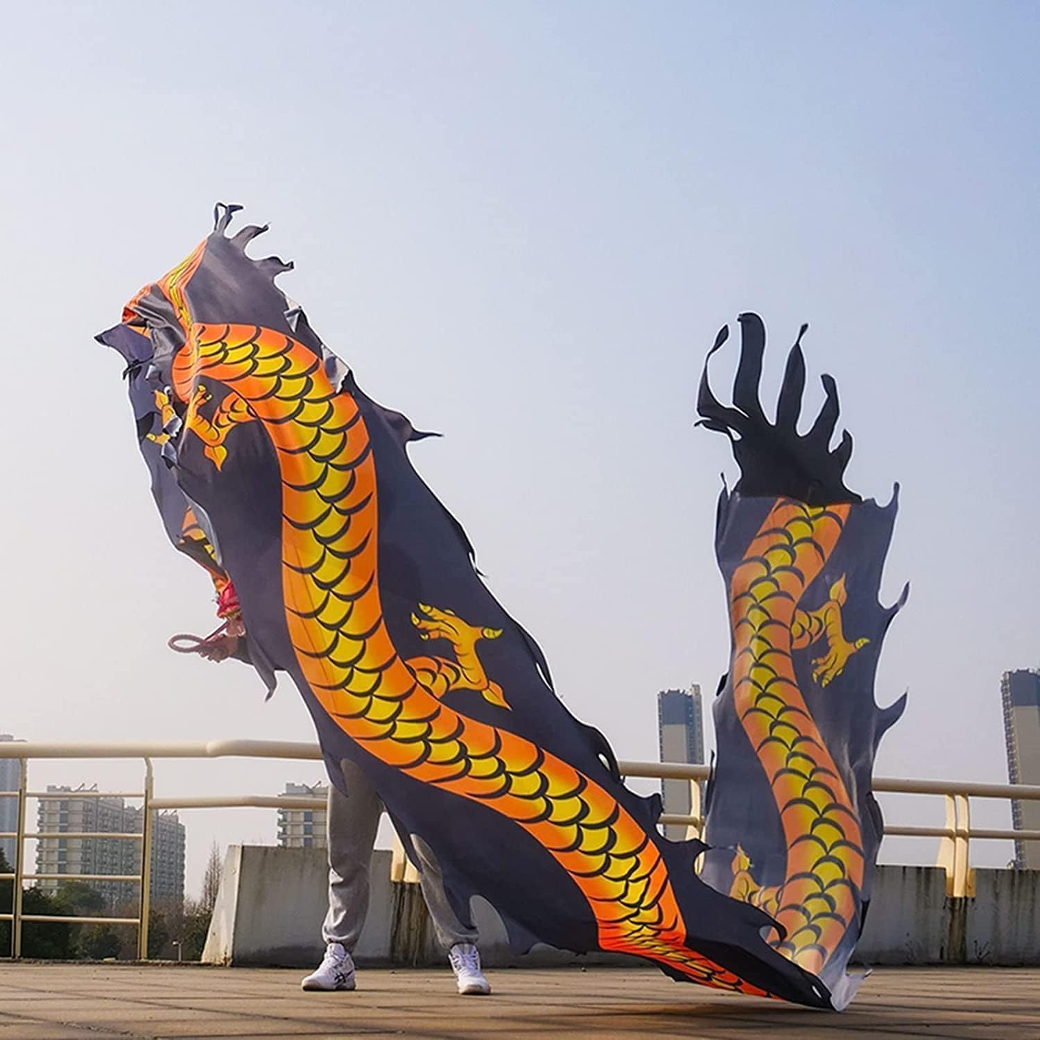 Lion Dance Cloth Silk Streamer Dragon Dance Ribbon with Head Flowy Shaking Flinging Lion Dragon Dances Costume(B,10m/33ft)