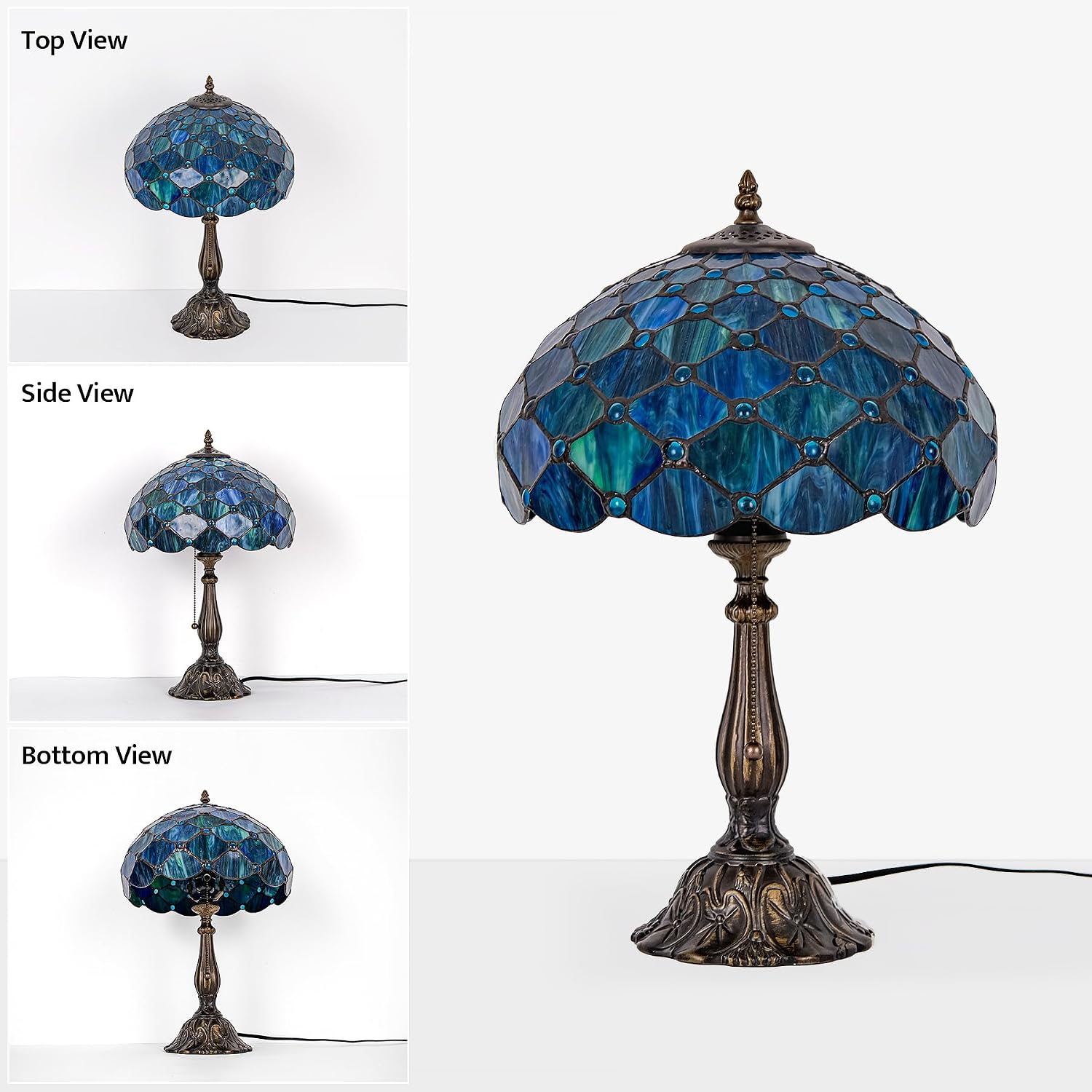 Tiffany Style Table Lamp Vintage Stained Glass Desk Lamp Sea Blue Pearls Bedside Reading Light Decor Bedroom Living Room Entry Home Office D12 xH18