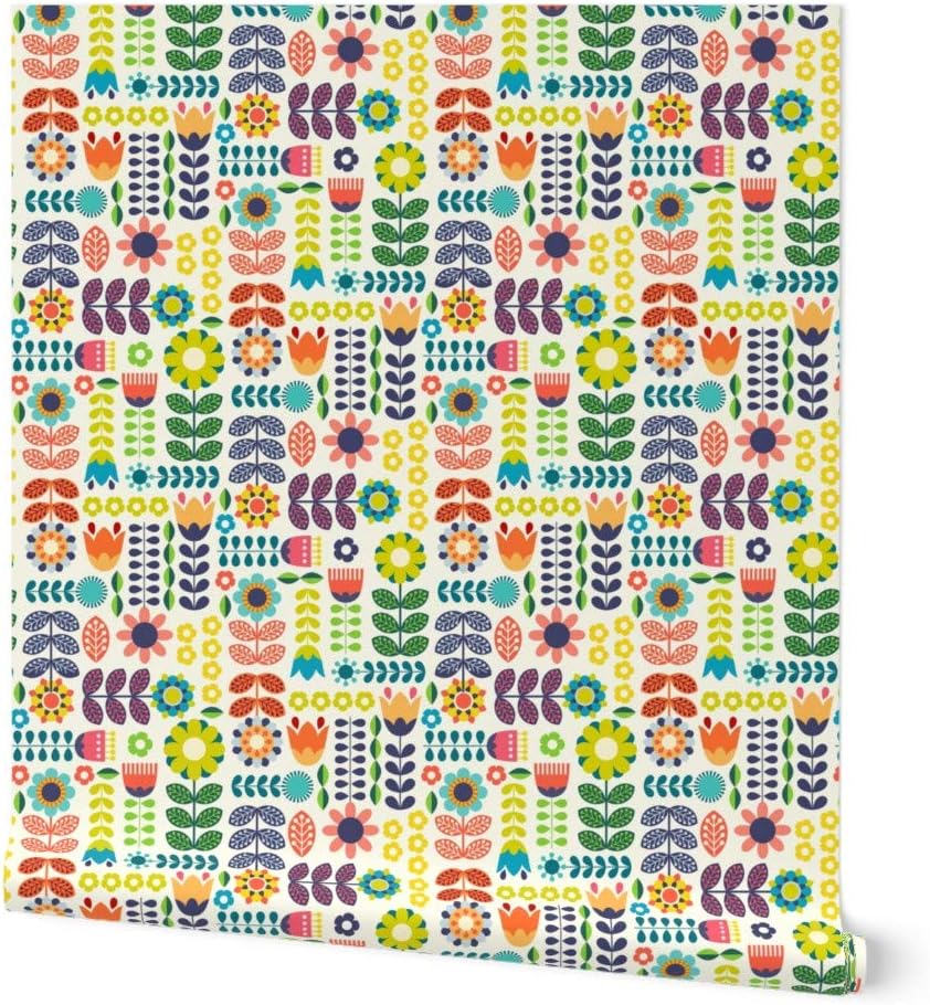 Spoonflower Swedish Folk Art Peel and Stick Removable Wallpaper | Roll 24' x 144' | Hygge Rainbow Floral Cute Modern | Self-adhesive, removable and renter-friendly