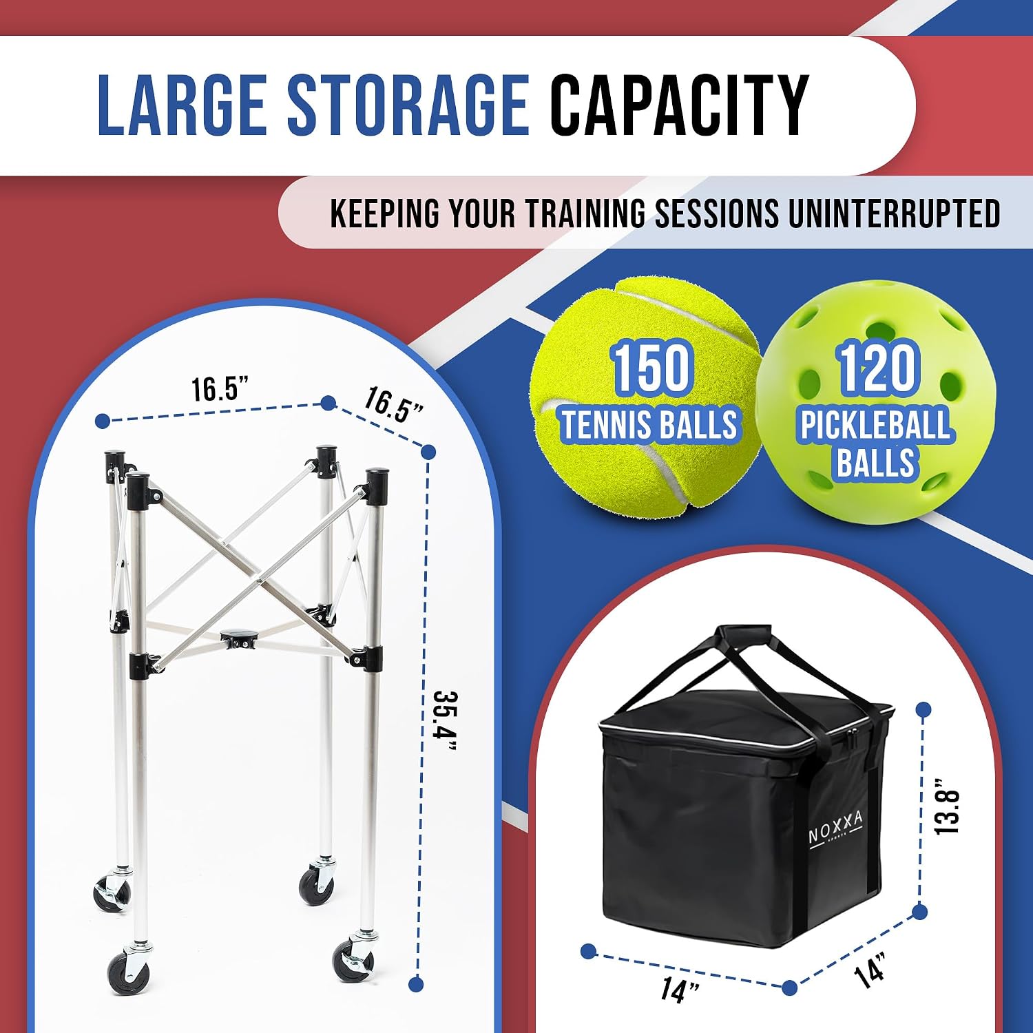 Tennis and Pickleball Ball Hopper with Pickup Tube – Pickleball Tennis Ball Basket with Wheels, 150 Tennis Ball or 120 Pickleball Ball Holder Capacity, Indoor and Outdoor