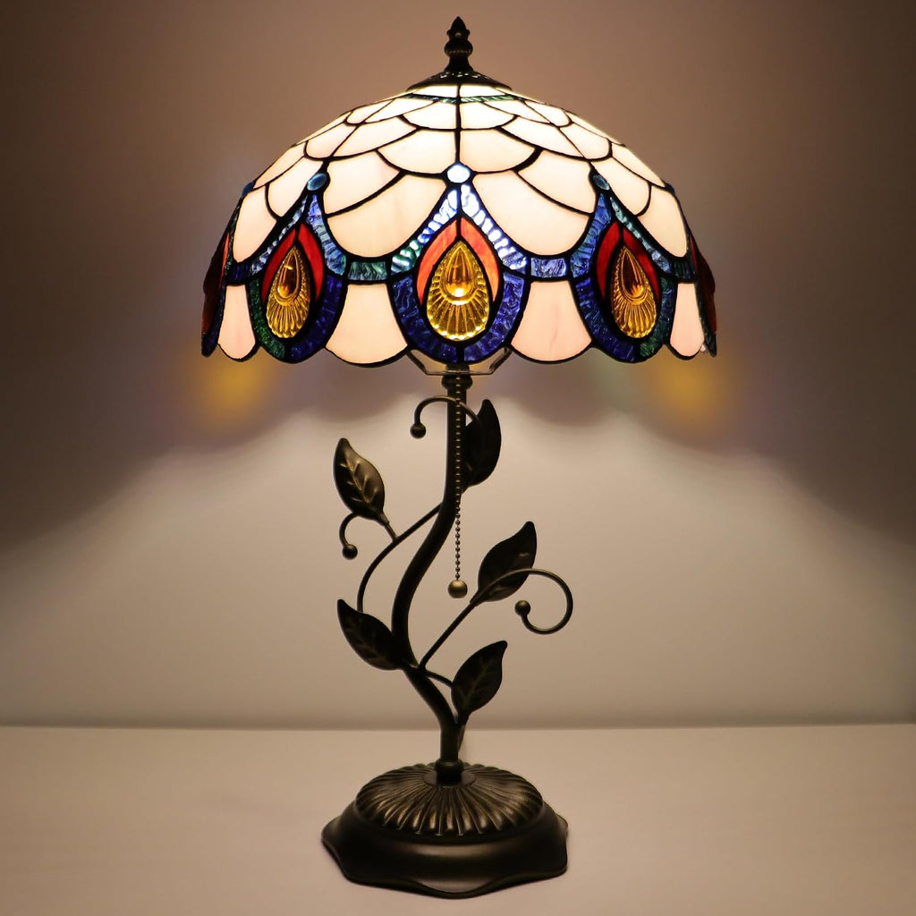 Tiffany Lamp Pink Peacock Tail Style Stained Glass Table Lamp Desk Bedside Reading Light 12X12X19 Inches with Metal Leaf Base