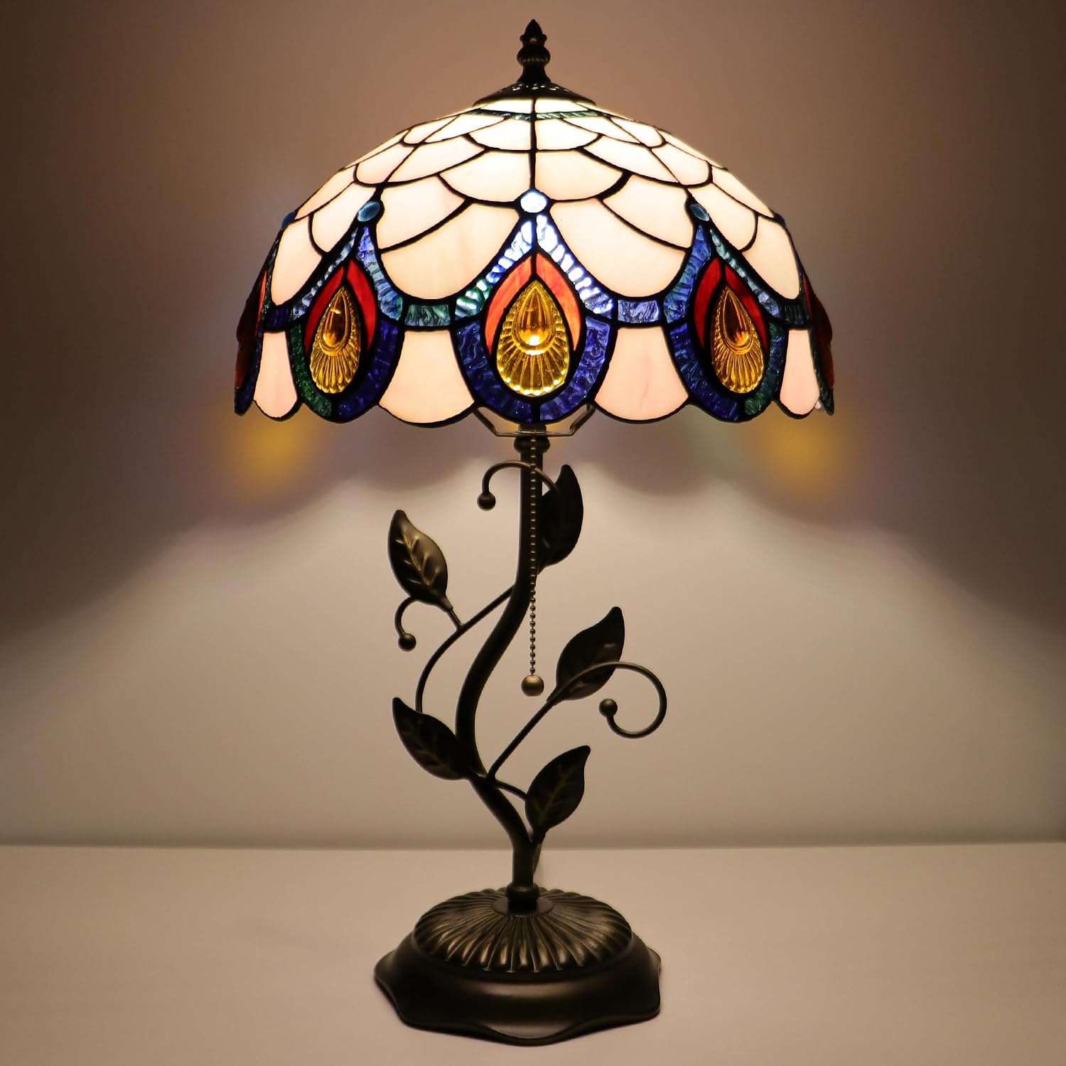 Tiffany Lamp Pink Peacock Tail Style Stained Glass Table Lamp Desk Bedside Reading Light 12X12X19 Inches with Metal Leaf Base