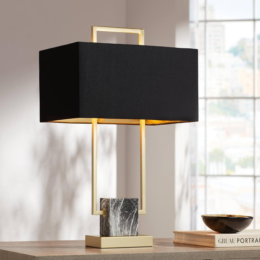 360 Lighting Carl Modern Table Lamp 24 3/4' High Gold Metal Gray Faux Marble Linear Frame Black Rectangular Shade Decor for Living Room Bedroom House Bedside Nightstand Home Office Family