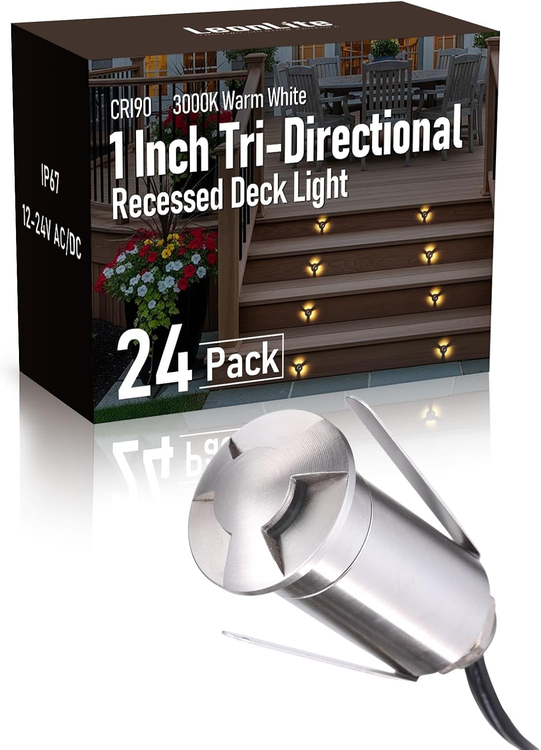 LEONLITE 24-Pack Low Voltage Recessed LED Deck Light, IP67 Waterproof, 12–24V AC/DC, Triple Beam 75° Clover Glow, 1W 3000K 1.3-Inch Mini Flush Mount, Stainless Steel for Patio Pathway Stair Deck
