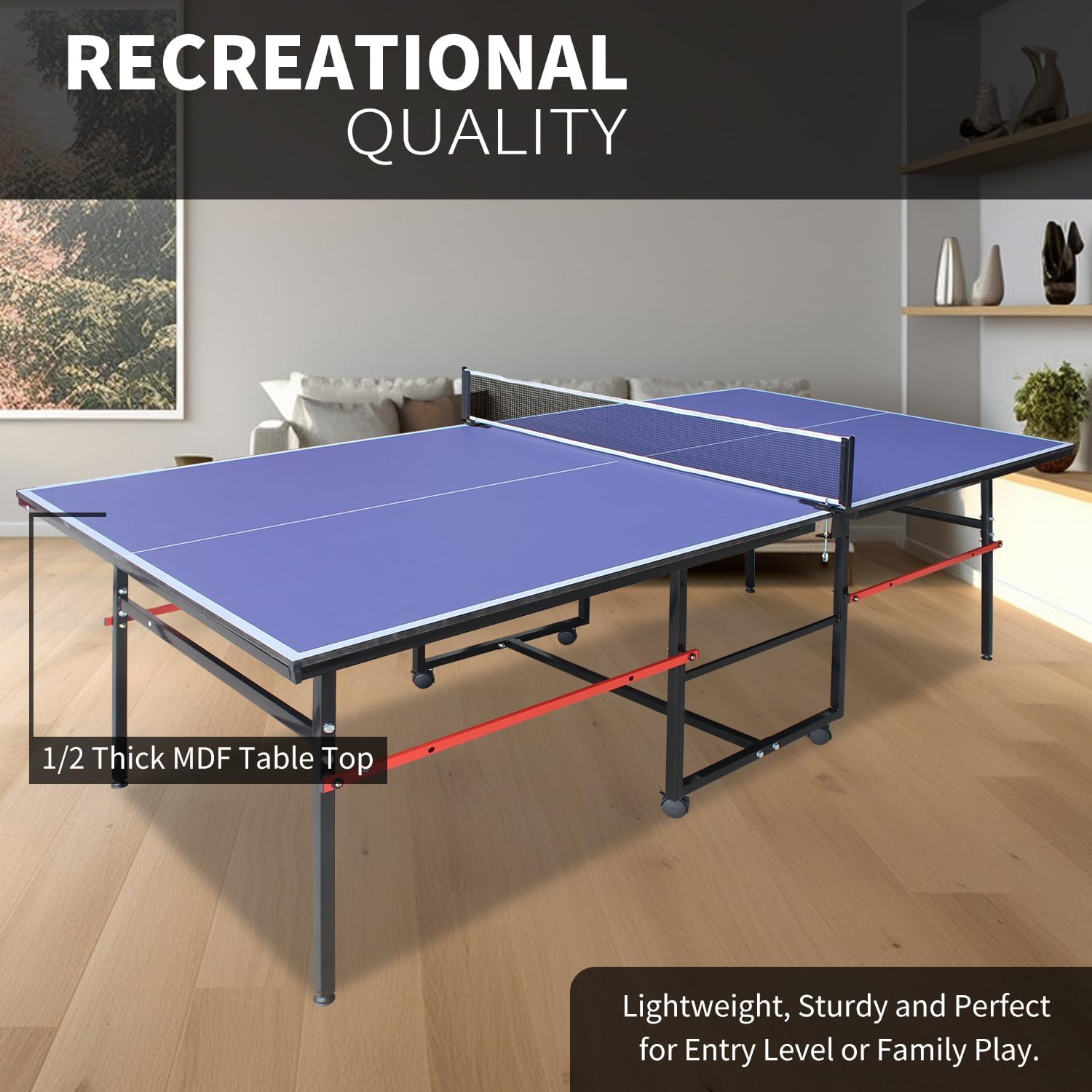 Professional Table Tennis Table, Foldable Ping Pong Game Set for Indoor, 8FT 9FT Single Player Playback Mode Ping Pong Table with Net and Post Set, 2 Paddles and 3 Balls (Blue-8x4FT)