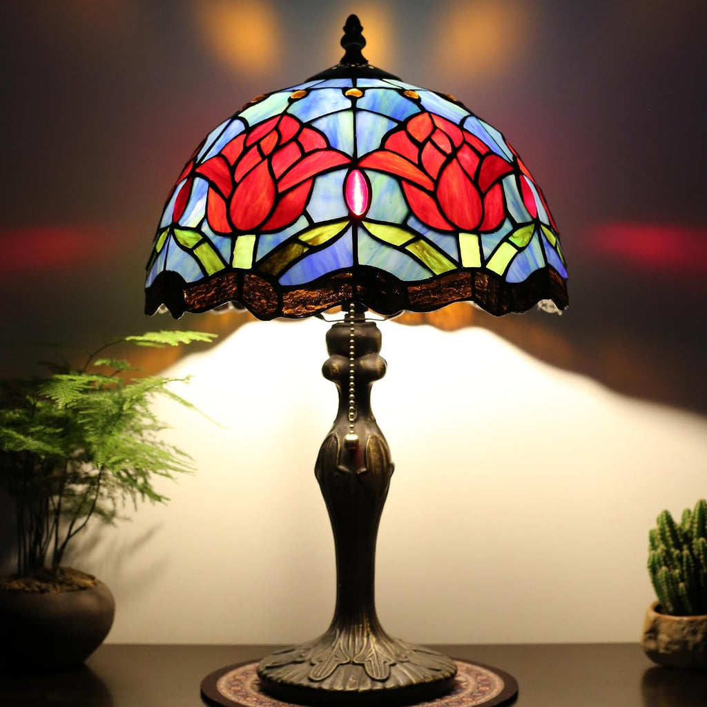 Tiffany Lamp Stained Glass Table Lamp 12' x 19' Red Tulips Style Bedside Reading Lamp Decorative Lamp for Desk Living Room Bedroom Office Study Light Home Decor Gift