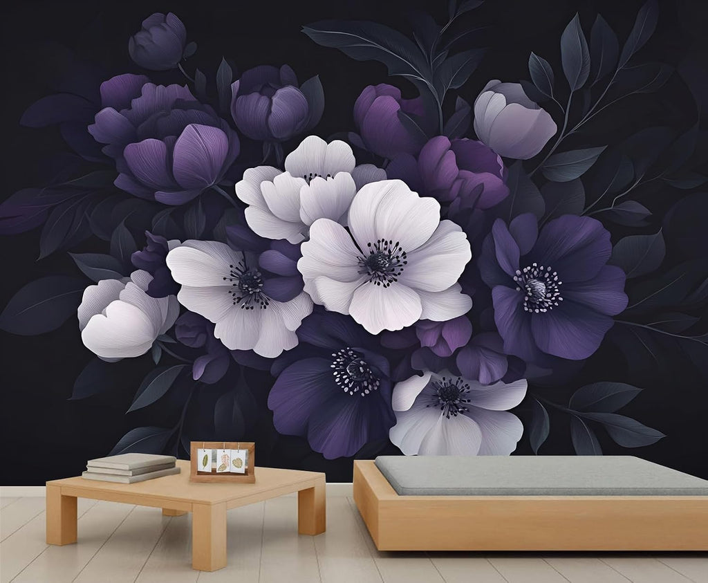 Purple Flowers Wall Mural, European Floral Mural Wallpaper, Retro Flowers Wallpaper Mural, for Bedroom Office Living Room Wall Artwork Decor (Not Peel n' Stick)