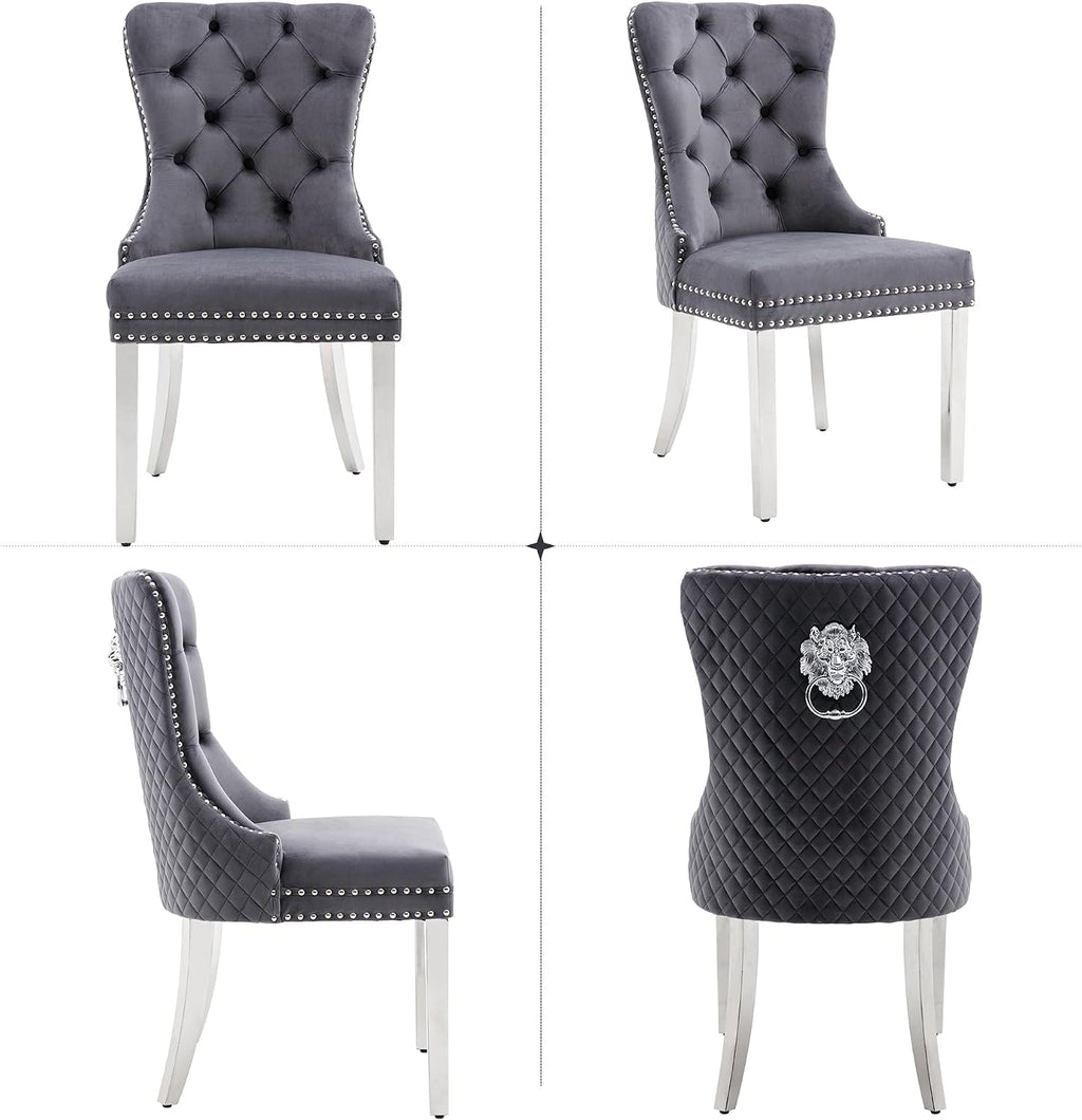 Velvet Dining Chairs Set of 2, Upholstered Dining Room Chairs, Mid-Century Modern Chairs with Diamond Lattice Tufted Back, Lion Pull Ring Rivet Trim, Silver Metal Legs for Kitchen, Dark Grey