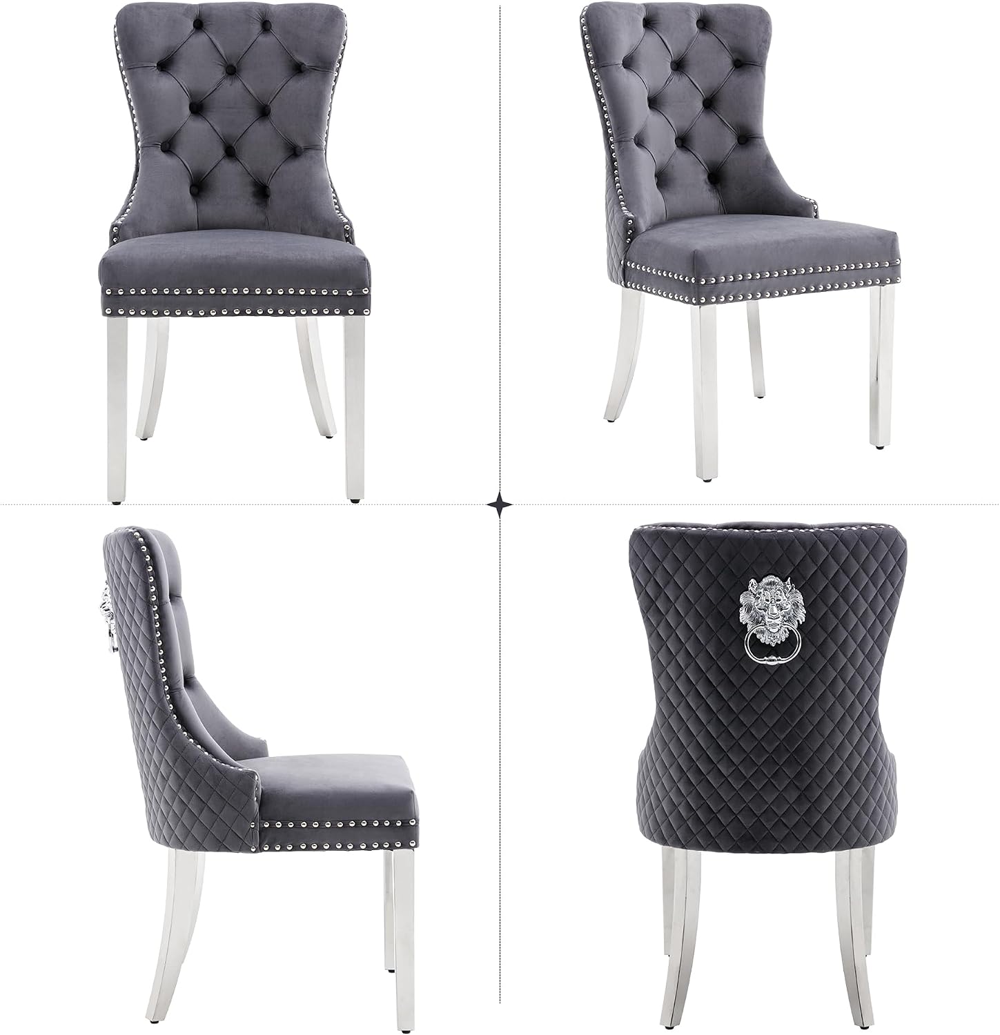 Velvet Dining Chairs Set of 2, Upholstered Dining Room Chairs, Mid-Century Modern Chairs with Diamond Lattice Tufted Back, Lion Pull Ring Rivet Trim, Silver Metal Legs for Kitchen, Dark Grey