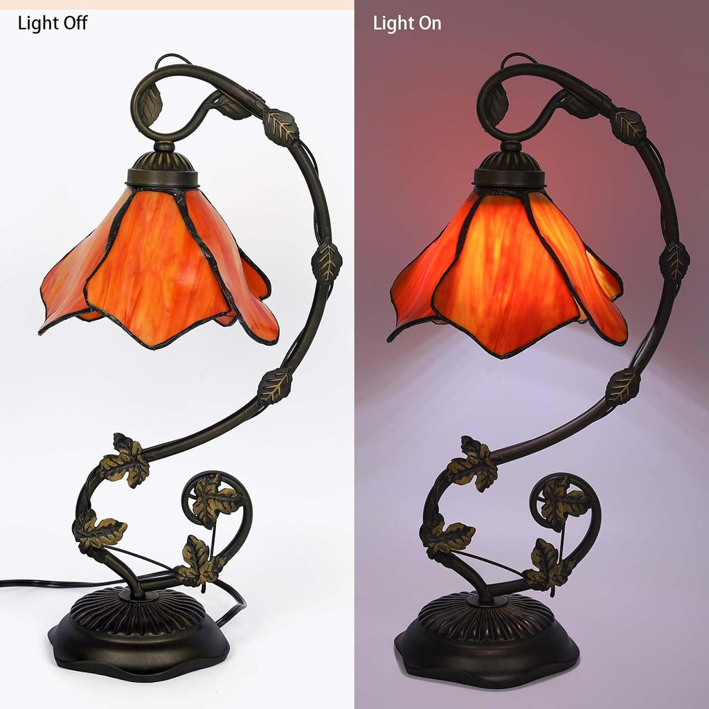 Stained Glass Table Lamp, Orange-Red Flower Style Metal Leaf Base Desk Reading Light, Adjustable 3 Color Temperature Decor for Bedroom Home Office