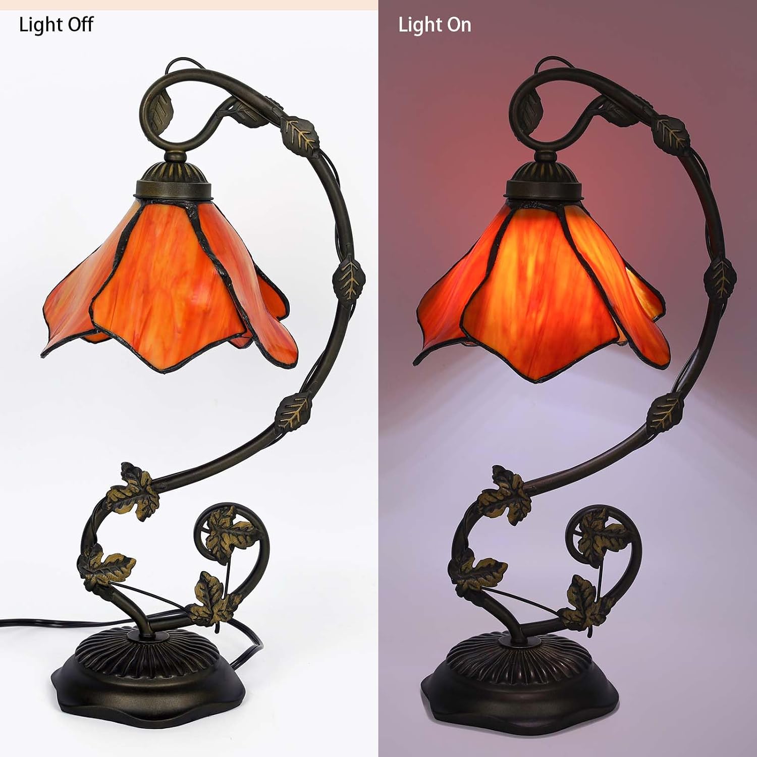 Stained Glass Table Lamp, Orange-Red Flower Style Metal Leaf Base Desk Reading Light, Adjustable 3 Color Temperature Decor for Bedroom Home Office