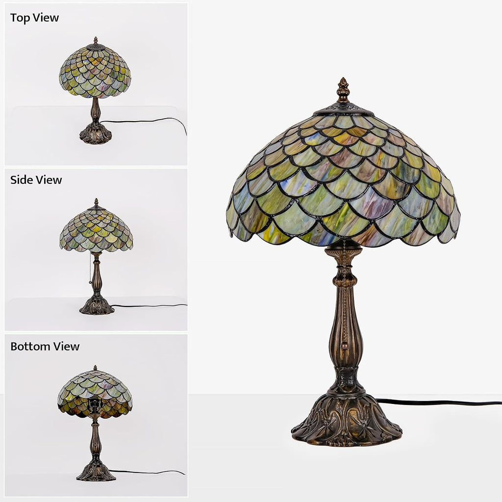 Tiffany Style Table Lamp Vintage Stained Glass Desk Lamp Mable Gradient Green Fish Scales Bedside Reading Light Decor Bedroom Living Room Home Office D12 xH18 (Green Fish Scales)