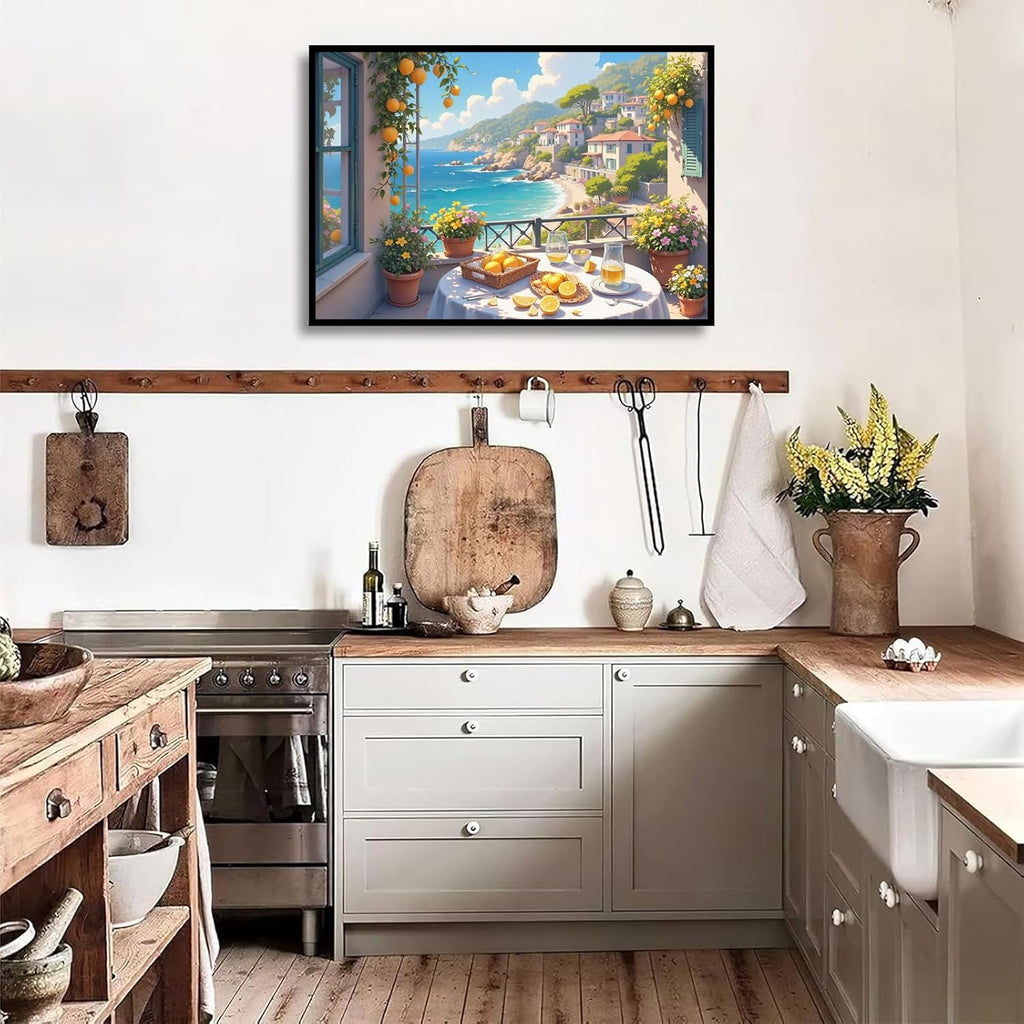 Italian Amalfi Coast Lemon Tree Garden Mediterranean Wall Art Travel Poster | Metal Framed canvas, for resort suites, mediterranean style, guest suite decor, mediterranean vacation vibe