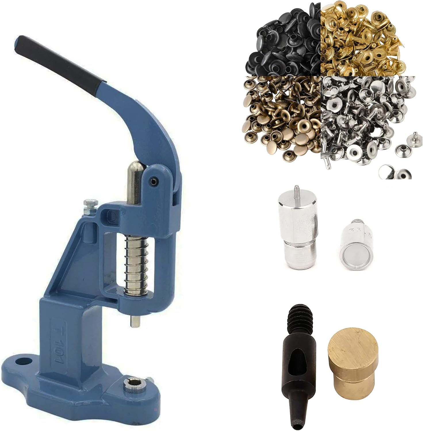 9mm Rivets Kit (1000 Sets) with Hand Press Machine, Dies and Hole Punch. Leather Rivets Single Round Cap Metal Stud Fasteners for Bag Belt Wallet Jeans (Blue Press & Combo (4color) Rivets)