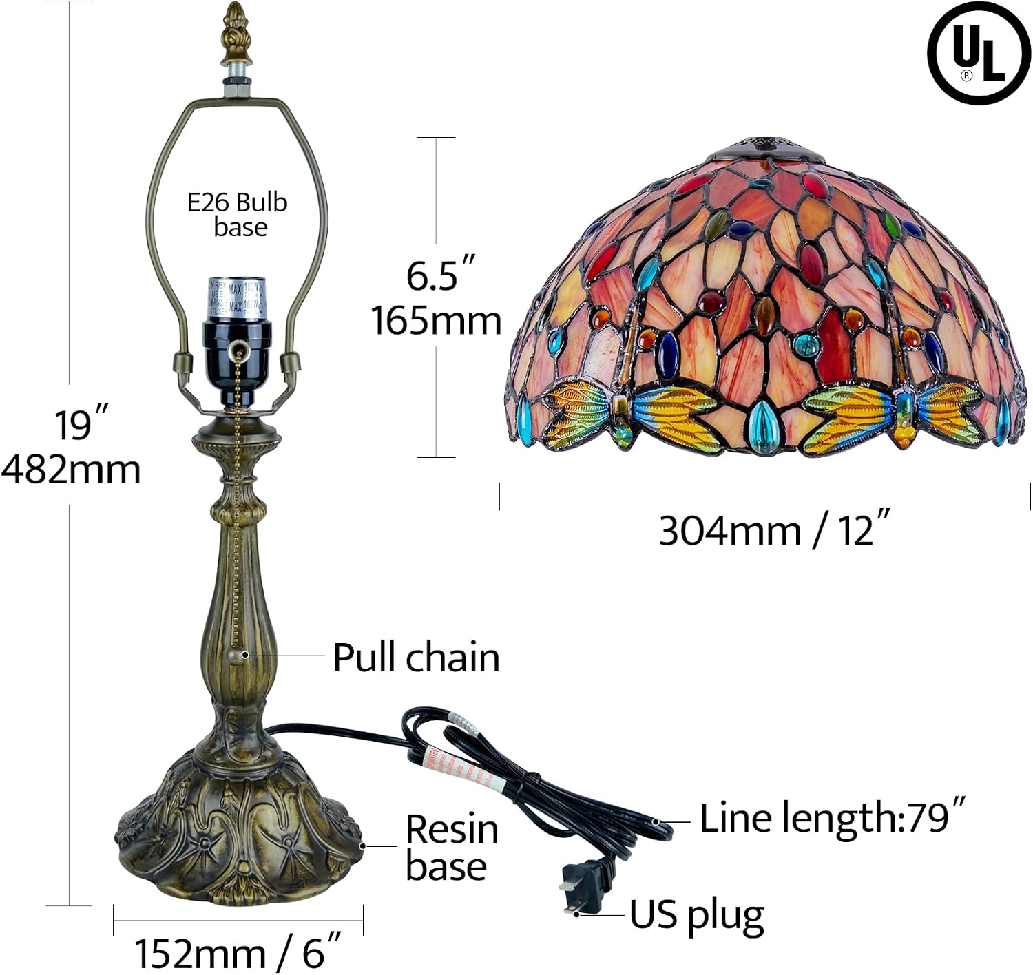 Tiffany Style Table Lamp Vintage Dragonfly Stained Glass Desk Lamp for Bedside Reading Bedroom Living Room Entry Home Office D12 xH18