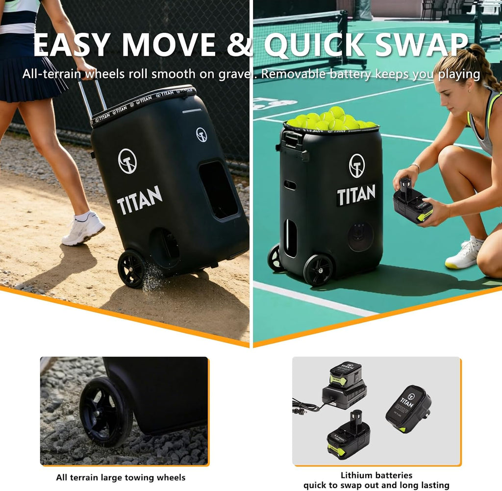 Titan ONE Tennis Ball Machine with 130-Ball Capacity & Internal Oscillation | Remote Control via Free App, 80 MPH Speed, Portable with Trolley Handle & Wheels
