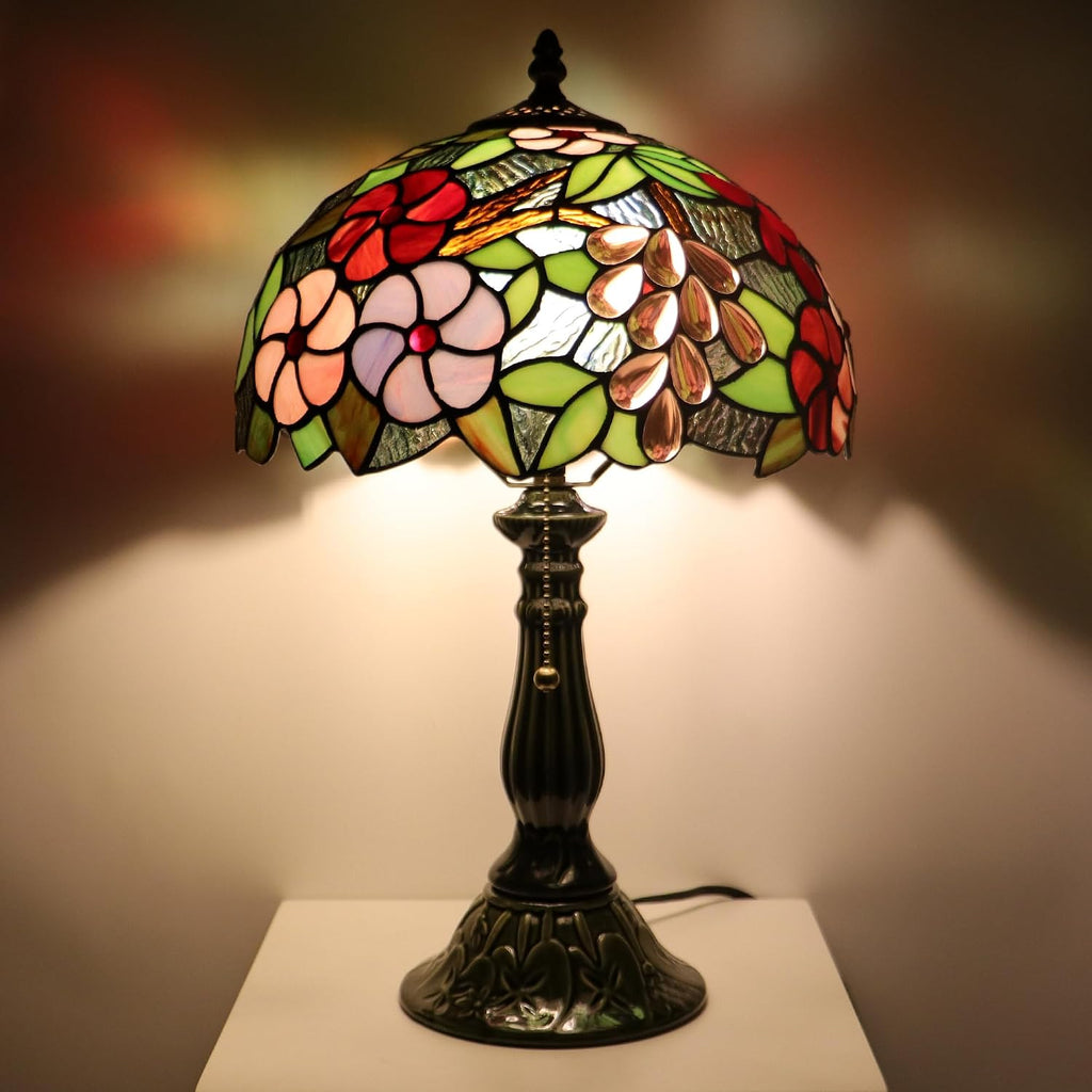 Tiffany Lamp Stained Glass Table Lamps Amber Grape Style Desk Lamp 12X12X18.5 Inch Bronze Ceramic Base Reading Light Suitable for Bedside Bedroom Living Room Dining Room Office