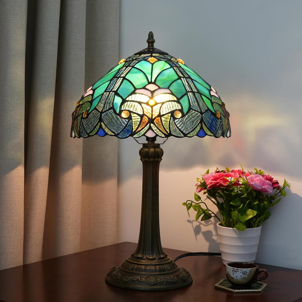 Tiffany Lamp Green Liaison Style Stained Glass Table Lamp W12H18 Inch Antique Table Lamp Metal Base Desk Reading Light for Living Room Bedroom Bar Art Craft